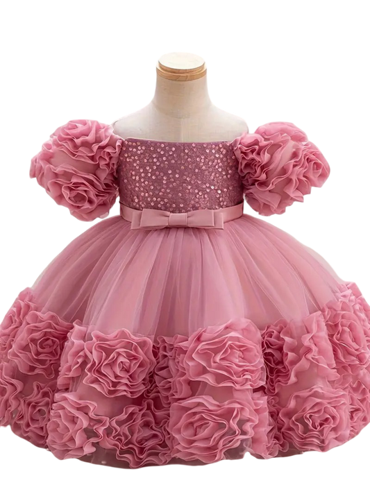 Peach Fluffy Floral Princess Ball Gown